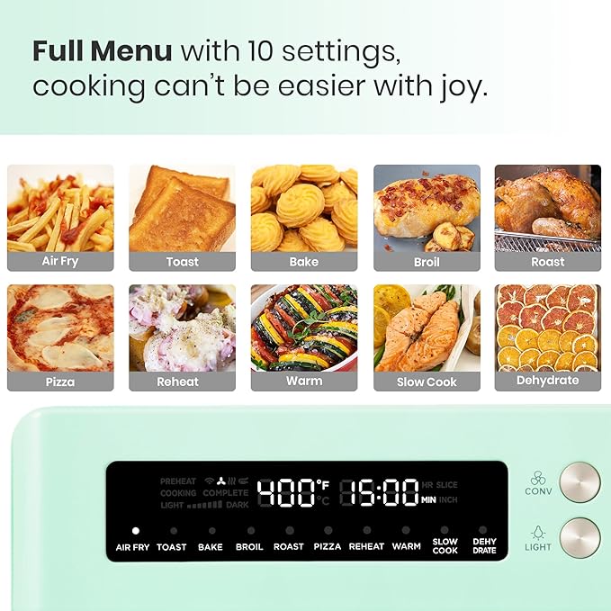 VAL CUCINA Retro Style Infrared Heating Air Fryer Toaster Oven, Extra Large Countertop Convection Oven 10-in-1 Combo, 6-Slice Toast, Enamel Baking Pan Easy Clean with Recipe Book, Green Color