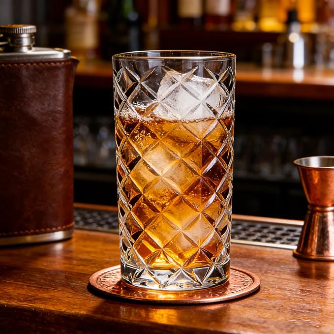 Crystal Highball Glasses Set Of 6-14 Ounce Diamond Cut Tom Collins Glasses - Textured Designer Glassware For Whiskey,Drinks, Water, Beer, Soda