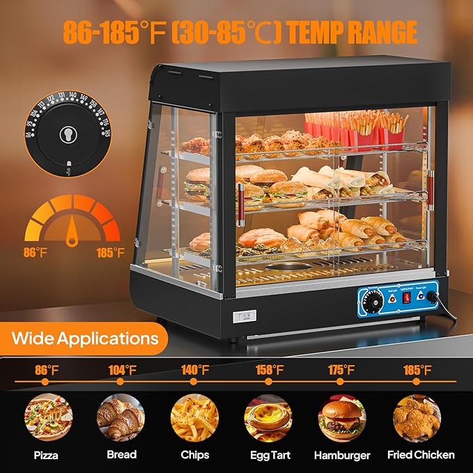 ROVSUN 26" Commercial Food Warmer Display Pizza Warmer, 3-Tier Electric Countertop Food Warmer w/LED Lighting, Adjustable Removable Shelves & Glass Door, Pretzel Warmer for Buffet Restaurant 1200W