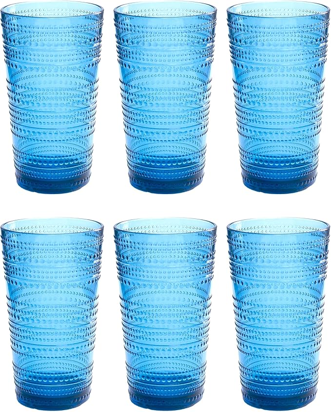 Beaded 16 oz Durable Acrylic Jumbo Drinking Glasses, Shatter-Resistant and Dishwasher-Safe Indoor/Outdoor Drinkware for Water, Iced Tea, Juice, and Cocktails - Cobalt Blue - Set of 6