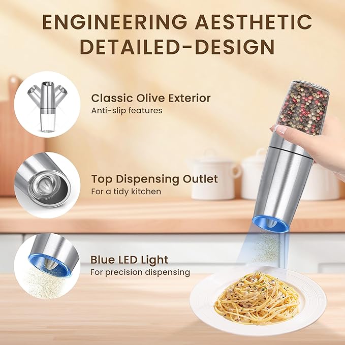 Gravity Electric Salt And Pepper Grinder, Automatic Salt And Pepper Grinder, Battery Powered (6 AAA Batteries Each), Adjustable Roughness, LED Light, 1 Pack, (Silver)