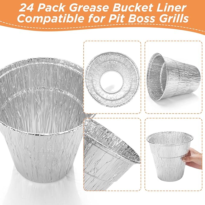 24 Pack Disposable Foil Liners & Grease Bucket Liners for Pit Boss Grills 67292 Foil, Oklahoma Joe's 9518545P06, Ironwood, Flatrock, Recteq Large Bucket etc. 6.3 x 6.0”, Disposable Drip Bucket Cup