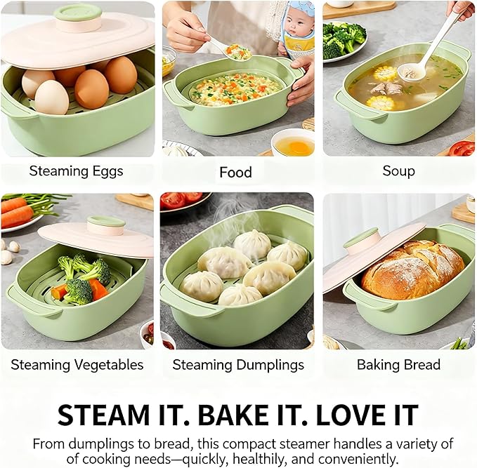 44oz Microwave-Safe Silicone Steamer Bowl with Handle & Lid,9.8x5.7x4in Large BPA-Free Steamer with Removable Rack, Rotating Steam Vent, Freezer & Dishwasher Safe, Ideal for Vegetables, Fish Cooking