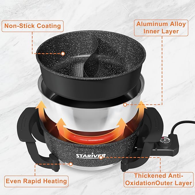 Stariver 6L Electric Hot Pot with Divider - Dual-Flavor Fondue & Shabu Shabu Pot, 1360W with 5-Temp Control, Non-Stick & BPA-Free, Perfect for Family Dinners & Parties