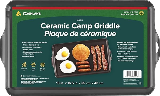 Coghlan's Camp Griddle, Lightweight Aluminum, 16.5 x 10" size, PFAS-Free and Non-Stick Ceramic Coating Cooking Surface for Two Burner Stoves, Ideal for Camping and Outdoor Cooking