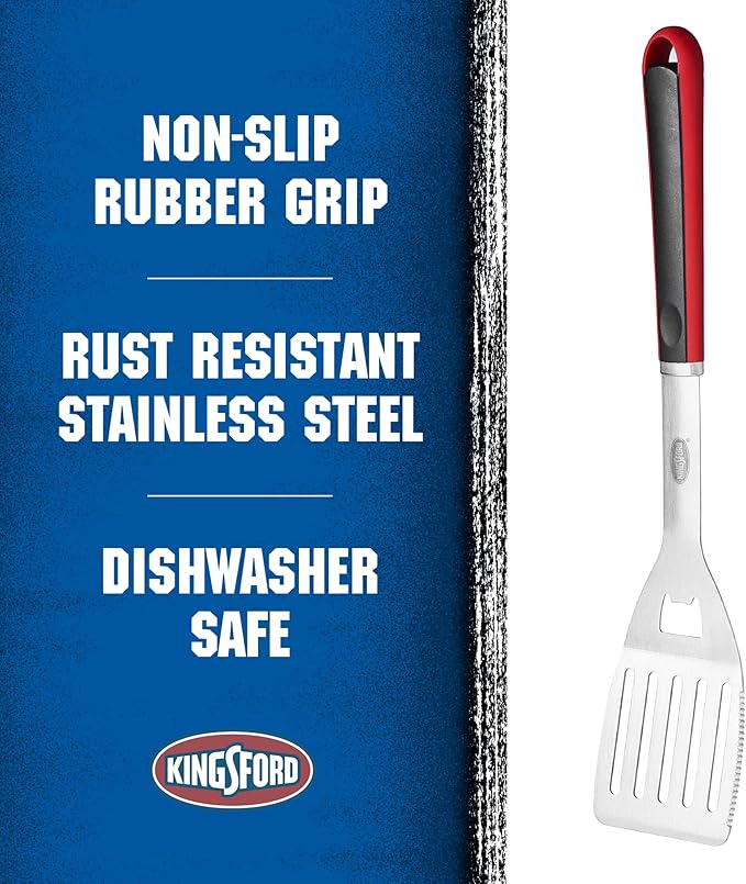 Kingsford Stainless Steel BBQ Grill Spatula, Wide Metal Blade for Confident Flips, Beveled Edge for Easy Slide Under Burgers and Fish, Comfortable Red and Black Grip, Hanging Loop