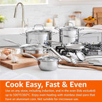 Amazon Basics Stainless Steel Cookware 15-Piece Set, Oven Safe, Induction-Ready, Even Heating, Easy to Clean, Stay-Cool Handles, Pots and Pans, Silver