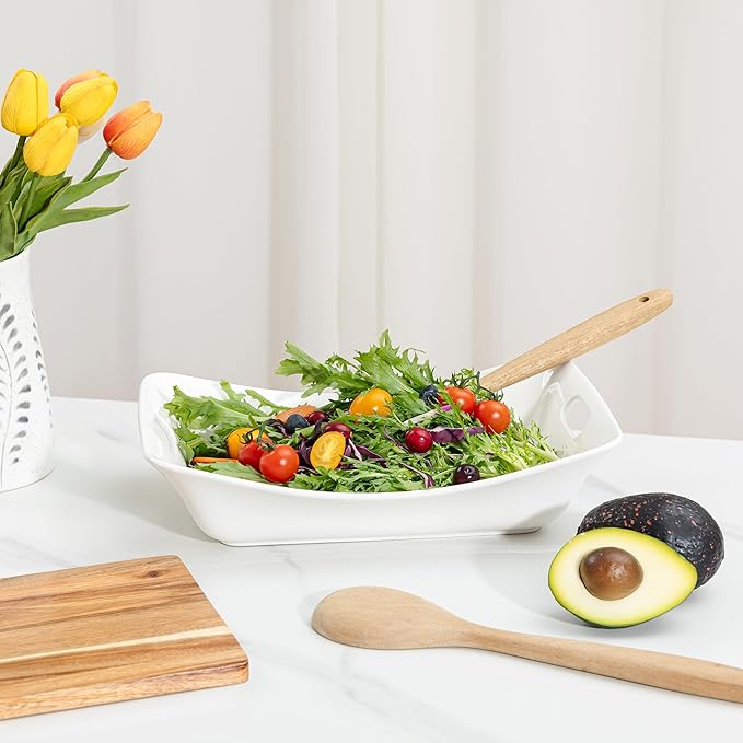 LEHAHA Large Serving Bowls with Handles, Set of 2 White Porcelain Bowl Set, Durable Ceramic Salad Bowls, 2 Quarts Rectangular Serving Platter for Turkey, Fruit Salad Serving Dishes for Entertaining