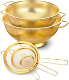 Strainers and Colanders Set, 2 PCS Stainless Steel Colander and 3 PCS Fine Mesh Strainer Gold Metal Pasta Rice Colanders & Food Strainers with Handles for Kitchen, Dishwasher Safe (5 Quart+4 Quart)