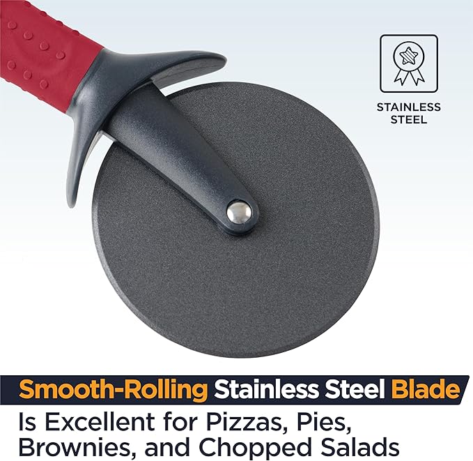 Deiss Lux Heavy Duty Pizza Cutter With Wheel Slicer- Stainless Steel Sharp Smooth Pizza Cutter Wheel With Easy Grip Non-Slip Handle, Dishwasher Safe (RED)
