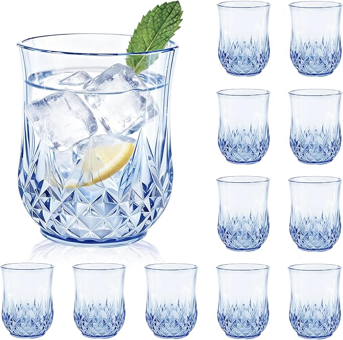 12 Pack Plastic Stemless Wine Glasses,12oz Unbreakable Vintage Elegant Drinking Glass Set,Reusable Fancy Cocktail Cups for Party, Wedding, and Bulk Events (12, 12oz-Blue)