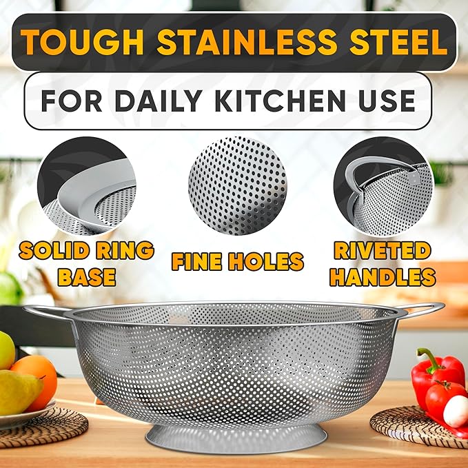 Stainless Steel Strainer Bowl With Handles - 5Qt Rice Washer Strainer Bowl for Grains, Beans, Spaghetti, Veggies, Fruits - Dishwasher Safe & Rust-Resistant Metal Strainers for Kitchen With Fine Holes