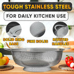 Stainless Steel Strainer Bowl With Handles - 5Qt Rice Washer Strainer Bowl for Grains, Beans, Spaghetti, Veggies, Fruits - Dishwasher Safe & Rust-Resistant Metal Strainers for Kitchen With Fine Holes