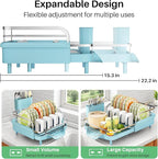 SAYZH Dish Drying Rack - Expandable Dish Rack for Kitchen Counter, Rust-Resistant Dish Drainer with Utensil Holder and Raised Guardrail, Kitchen Organizer for Cup and Bottle (Blue)