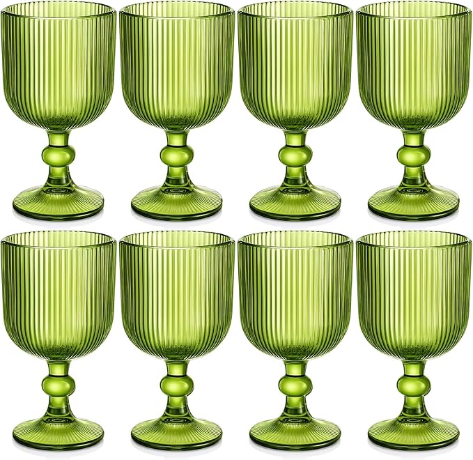 Reallnaive Green Glass Goblets Set of 8, 13 oz Vintage Goblet Glassware Decorative Wine Glasses, Cute Water Drinking Cups, Vertical Line Embossed Pattern Drinkware Cocktail Set for Xmas Gifts