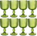 Reallnaive Green Glass Goblets Set of 8, 13 oz Vintage Goblet Glassware Decorative Wine Glasses, Cute Water Drinking Cups, Vertical Line Embossed Pattern Drinkware Cocktail Set for Xmas Gifts