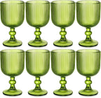 Reallnaive Green Glass Goblets Set of 8, 13 oz Vintage Goblet Glassware Decorative Wine Glasses, Cute Water Drinking Cups, Vertical Line Embossed Pattern Drinkware Cocktail Set for Xmas Gifts