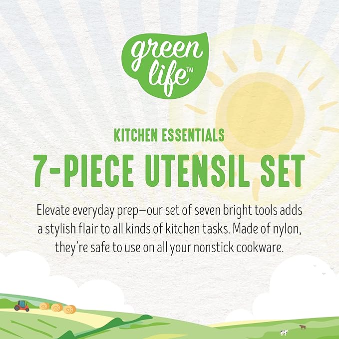 GreenLife Cooking Tools and Utensils, 7 Piece Nylon Set including Spatulas Turner Spoons and Tongs, Dishwasher Safe, Caribbean Blue