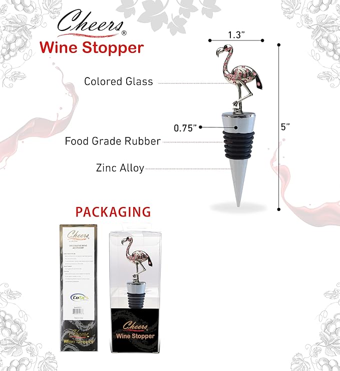 Cheers Flamingo Metal Wine Bottle Stopper - Elegant Vacuum Seal Reusable Flamingo Bird Wine Stopper with Airtight Leak Proof Bottle Topper, Unique Home Decor or Bar Tool Accessory Gift