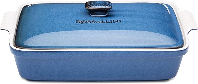 ROSSALLINI Stoneware Casserole Dish Bakeware Set with Lid, Covered Rectangular Dinnerware, Extra Large 4.23 Quart, 13 by 9 Inch, Blu Indaco [Reactive Blue]