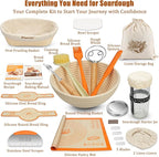 Panny Sourdough Starter Kit, Banneton Bread Proofing Basket with Glass Sour Dough Starter Jar, Sourdough Bread Baking Supplies, Making Tools, 9" Round & 10" Oval Baskets, Complete Gift for Men Women