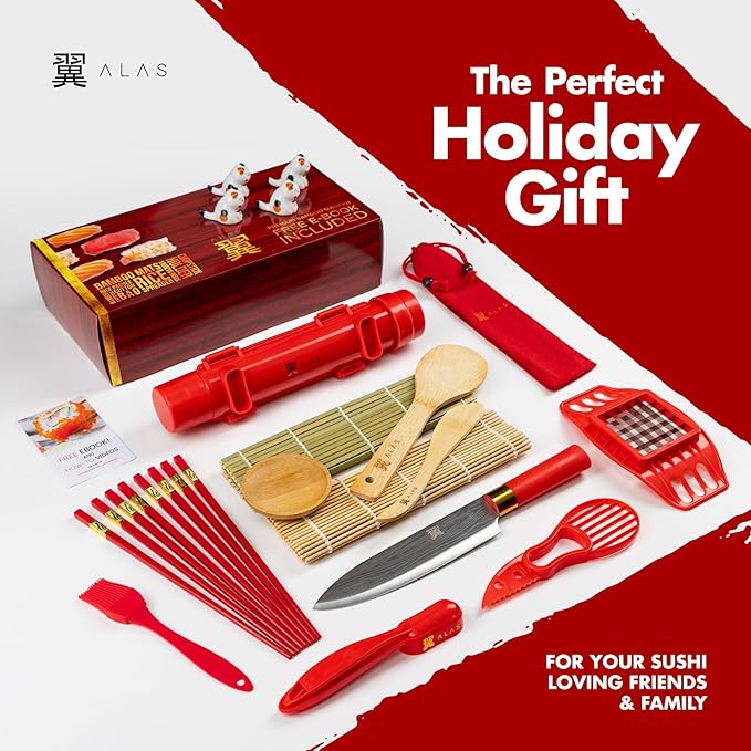 Alas Christmas Gifts Sushi Making Kit- Complete Sushi Making Kit for Beginners & Pros Sushi Makers, Perfect Sushi Making Kitchen Accessories Like Sushi Knife, 2 Sushi Mats, Rice Bazooka & More (Red)
