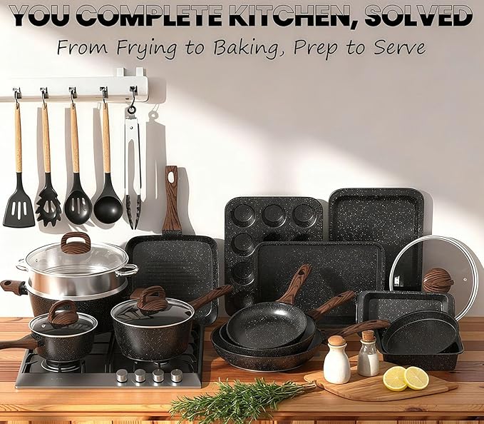 Pots and Pans Set Non Stick, 31 Piece Kitchen Induction Cookware & Bakeware Set, Nonstick Kitchen Cooking Pans Set with Frying Pans Set Grill Pan Saucepan Baking Sheet & Utensils, PFOA Free