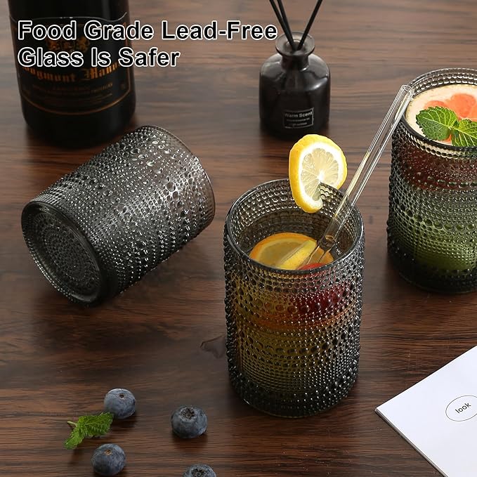 ZMOWIPDL Vintage Hobnail Drinking Glasses Set of 8,Grey 12 oz & 15oz Highball Glass Cups, Kitchen Drinkware Glassware,Embossed Water Tumbler,for Beer,Cocktail,Whiskey,Juice and Various Mixed Drinks