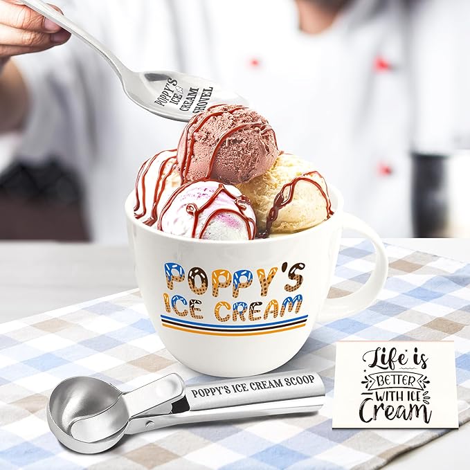 Christmas Poppy Gifts, Poppy's Gift Ice Cream Bowl Scoop Shovel Spoon Set, Grandpa Ice Cream Gift from Grandkids, Ideal Xmas Birthday Father's Day Man Gifts