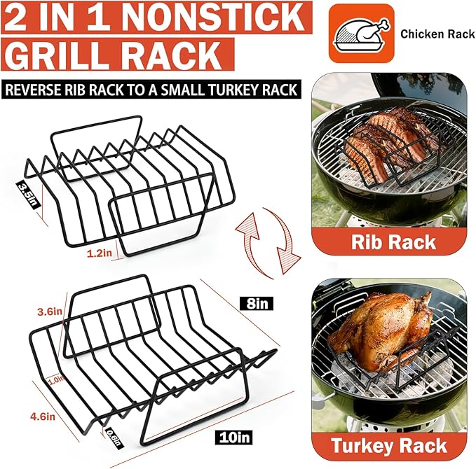 Roasting Rack for Turkey, Non-Stick Safe Coating Heavy-duty Turkey Rack for Roasting Pan, 2-in-1 Rib Rack for Smoker Grill, Roasting Rack Insert for Smokers, Oven Cooking
