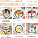 TeamFar 4-1 Colander with Bowl Set, Rotatable Colander for Kitchen, Stainless Steel Food Strainers and Colanders Mixing Bowl with Graters, for Veggies Fruits Washing, Pasta Straining - Blue