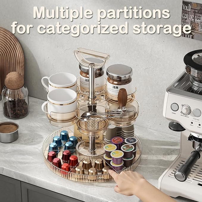 Rotating Coffee Bar Accessories Organizer, 2-Tier Lazy Susan Cup Holder for Stanley 40oz Tumbler with Handle, Countertop Drying Rack Station with Divided Tray for K-Cups, Snacks & Mugs