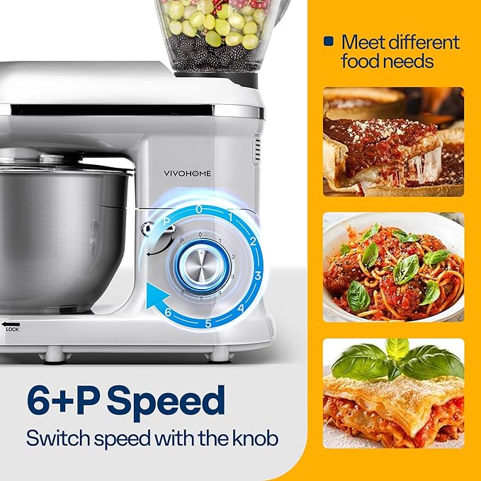 VIVOHOME 3-in-1 Stand Mixer, 6 Quart Electric Tilt-Head Kitchen Mixer with Bowl, Multifunctional Food Mixer with Meat Grinder and Blender Attachments, Dough Hook, Beater, and Whisk, Silver