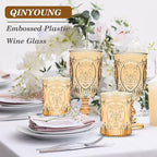 Qinyoung 12 Plastic Vintage Drinking Glasses 8.5oz Stemless Retro Embossed Wine Glasses Shatterproof Reusable Cups for Baby Shower Wedding Reception Grand Event Party (Yellow)
