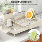 SAYZH Dish Drying Rack - Expandable Dish Rack for Kitchen Counter, Rust-Resistant Dish Drainer with Utensil Holder and Raised Guardrail, Kitchen Organizer for Cup and Bottle (Beige)
