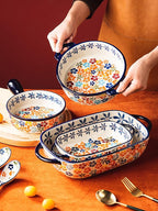 Colorful Cherry Blossom Flowers Vintage Style Ceramic Bakeware Dish Casserole Dish Baking Pan Lasagna Pans with Handles for Oven/Cooking/Kitchen, 1 PCS, 60 oz