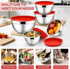 E-far Mixing Bowls With Lids Sets of 5, 10-Piece Stainless Steel Salad Metal Nesting Bowl for Baking Cooking and Prepping, Airtight Lid & Stackable Design, Size 4.6, 3, 2.1, 1.5, 0.7 QT, Red