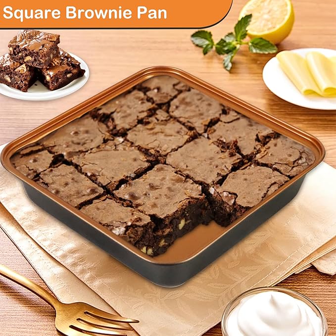 Baking Pans Set 6-Pieces, Non Stick Bakeware Set Stackable, with Cookie Sheet, Muffin, Round/Square Cake Pan, Loaf Pan, Rack, Oven Mitt for Home Baker, Gold