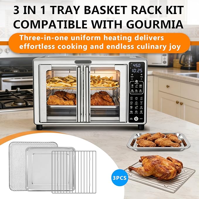 Toaster Oven Replacement Parts - 3 IN 1 Tray Basket Rack Kit Compatible with Gourmia GTF7655 GTF7460 GTF7465 Digital Air Fryer Toaster Oven | French Door 1700W 24L 17 Cooking Presets