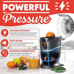 Gourmia Automatic Citrus Juicer - 17 oz Capacity, One-Touch Operation, Universal Cone, Anti-Drip Spout, Dishwasher-Safe Accessories, Compact Quiet 60W Motor