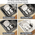 MAJALiS Expandable Stainless Steel Over The Sink Dish Drying Rack for Small Kitchen Counter Space Saving, Compact RV Plate Drainer Strainer in Silver Wire Metal with Hanging Adjustable Utensil Holder