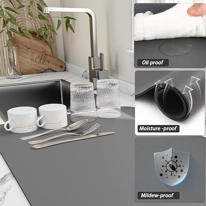 HotLive Dish Drying Mat for Kitchen Counter, Heat Resistant Drainer Mats with Non-slip Rubber Backed, Hide Stain Kitchen Super Absorbent Draining Mat, Easy to Clean Dish Rack Pad, Dark Grey 16"x20"