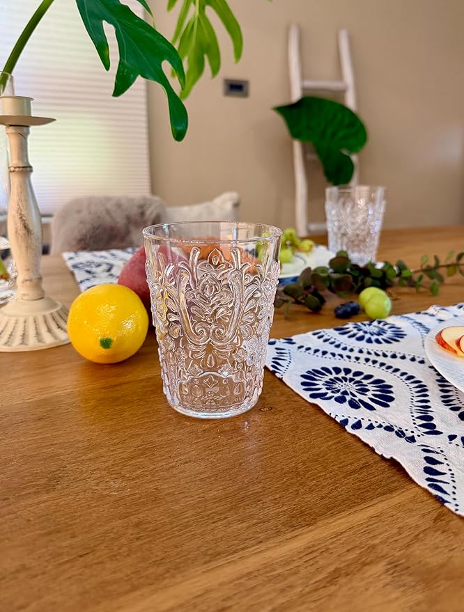 KLIFA- BLOIS- 15.2 ounce, Set of 6, Acrylic Tumbler Drinking Glasses, BPA-Free, Stackable Plastic Drinkware, Dishwasher Safe, Vintage Looking Cups, Clear