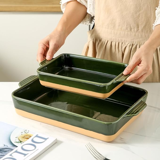 Ceramic Baking Casserole Dish with Handles, Large 9x13 inch Pan and Middle Baking Pan - Porcelain Serving Bakeware Set (Forest Green)