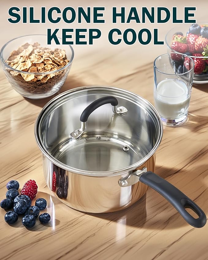 Cook N Home 3 Quart Stainless Steel Saucepan Set with Lid, Induction Compatible Milk Pots, Stay-Cool Silicone Handle, Mirror Polished 18/10 Cookware, Dishwasher & Oven Safe, Silver