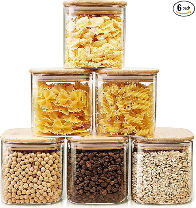 HomArtist Square Glass Jars with Bamboo Lids 27 FL OZ [Set of 6], Glass Canisters with Airtight Lids, Glass Food Storage Containers for Coffee, Sugar, Tea, Candies, Cookies,Best for Kitchen & Pantry