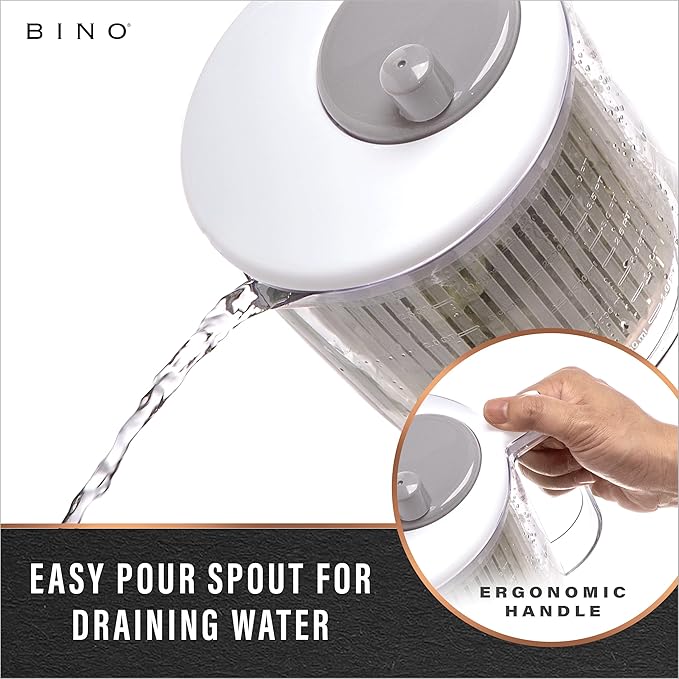 BINO | Salad Spinner - 2.6 Qt | Small Manual Lettuce Spinner with Built-in Draining System | Salad Spinner, Colander, and Water Pitcher in One | Fruit & Vegetable Basket Colander | Kitchen Gadgets