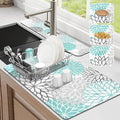 Findosom 2PCS 16" x 24" Dish Drying Mat & 24" x 5.5" Sink Splash Guard, Super Absorbent & Cuttable Dish Mat Drying Kitchen Mat with Teal Floral, Hide Stain Drying Mat for Kitchen Counter
