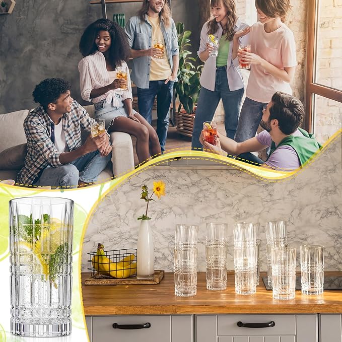Uiifan Set of 12 Tall Highball Glasses 12 oz Crystal Drinking Glasses Clear Fancy Cups Vintage Textured Designer Glassware for Cocktail Tea Water Beer Soda Beverages, Dishwasher Safe (Modern Style)