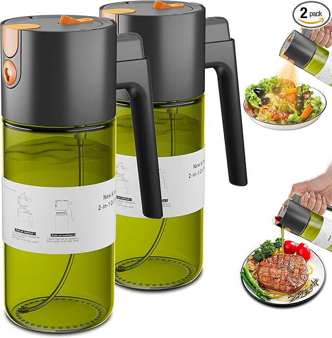 LUKUMIQI 2 in 1 Oil Sprayer for Cooking, 17oz Light-Blocking Glass Spray Bottle with Stickers, Oil Dispenser for Salad, Air Fryer & BBQ